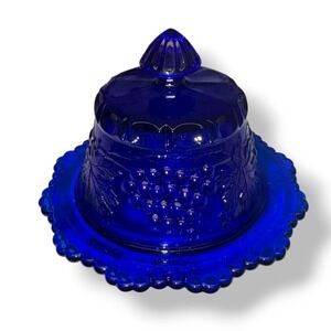 VINTAGE  Mosser Glass Cobalt Blue Grape Cable Covered Butter/Cheese Dish